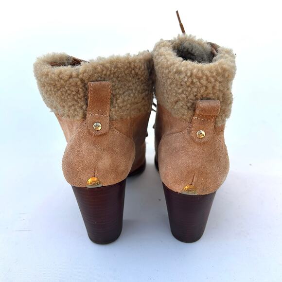 UGG Analise Suede Shearling High Heeled Booties Ankle Boots Tan 9.5 - Picture 3 of 9